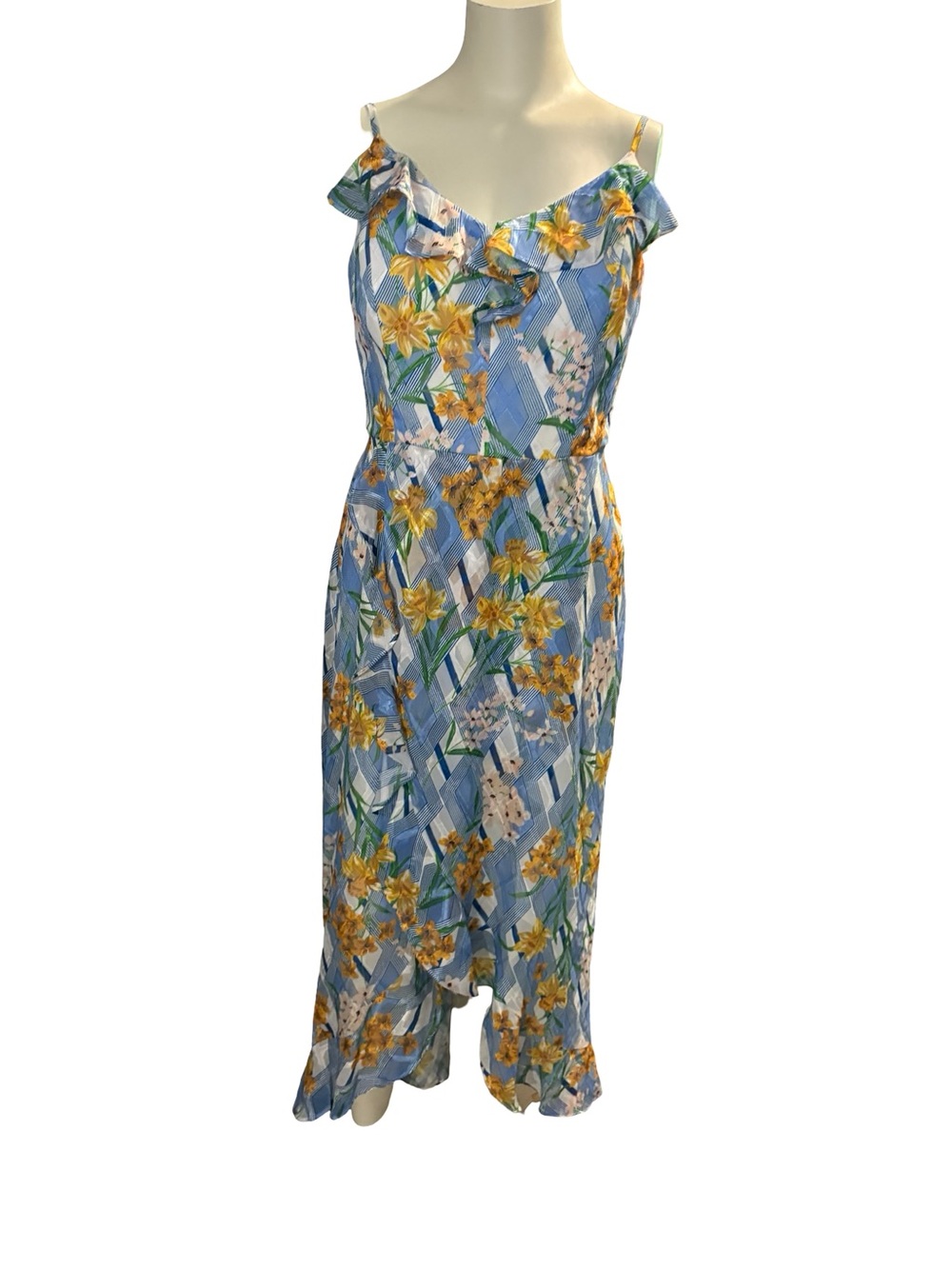 Kensie Blue Floral Ruffle-Trim Midi Dress